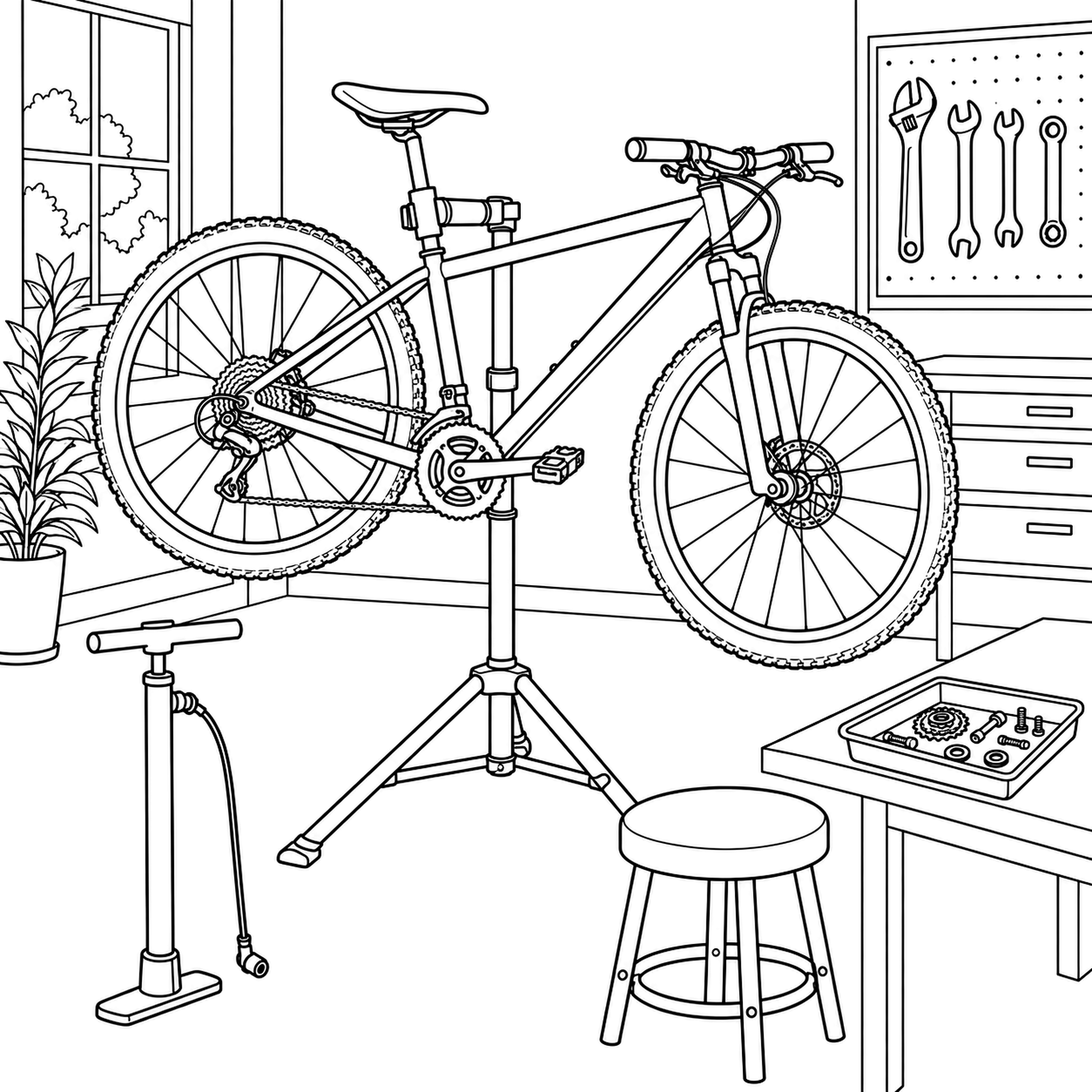 Bicycle repair workshop adult coloring page