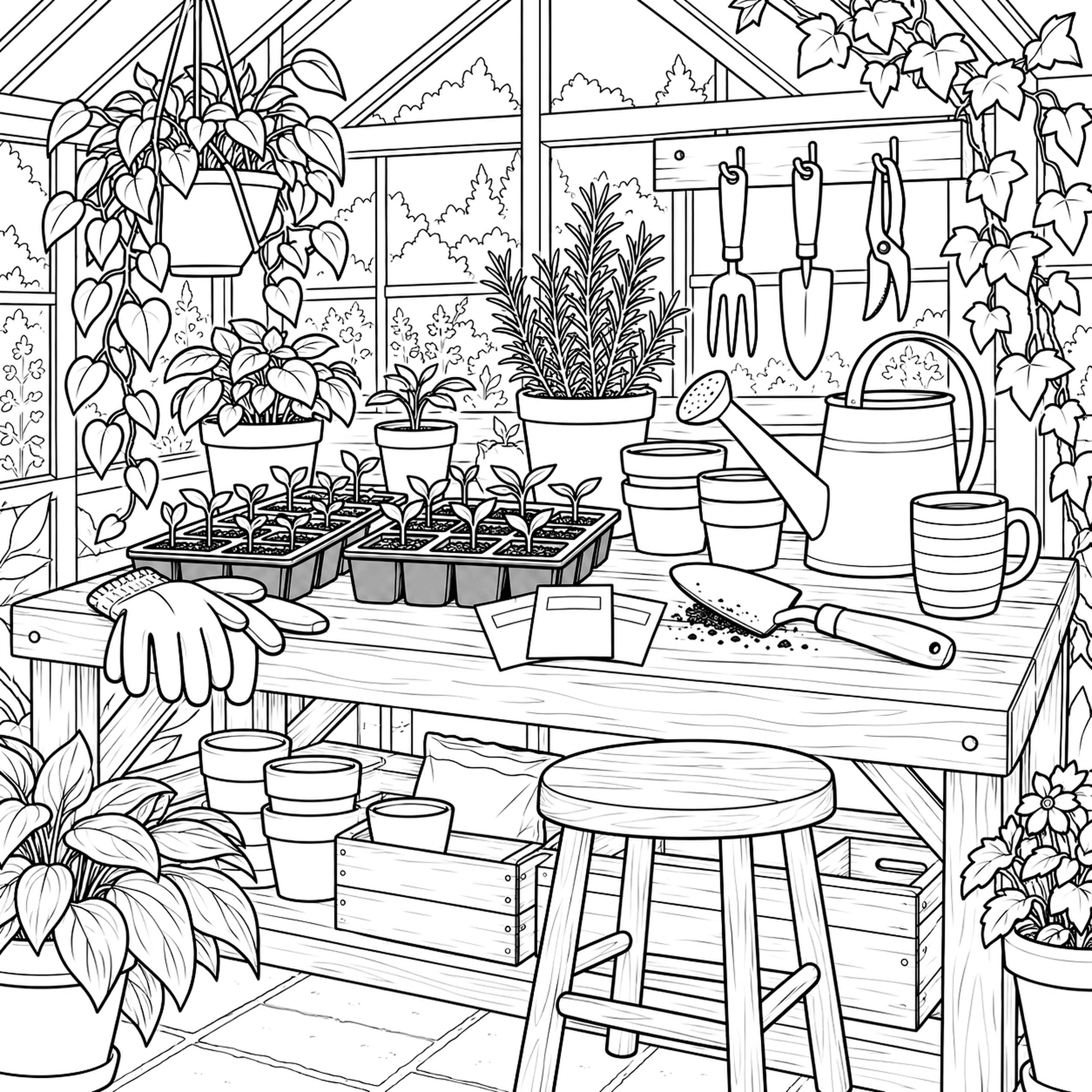 Greenhouse potting bench adult coloring page