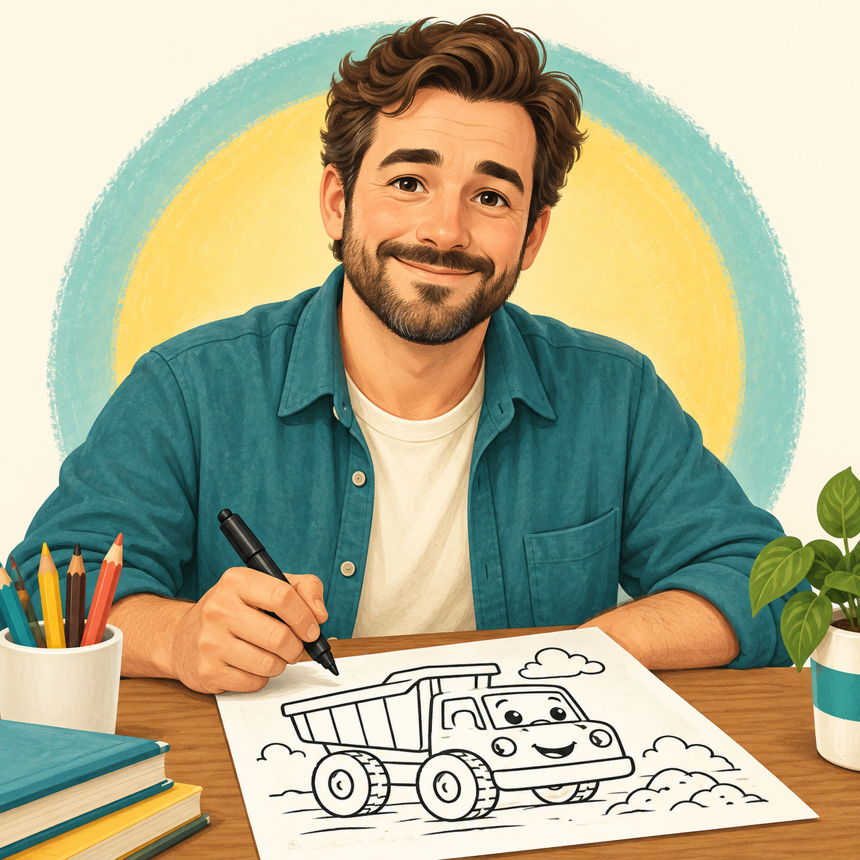 Illustrated portrait of Caleb Rowan creating a friendly truck coloring page
