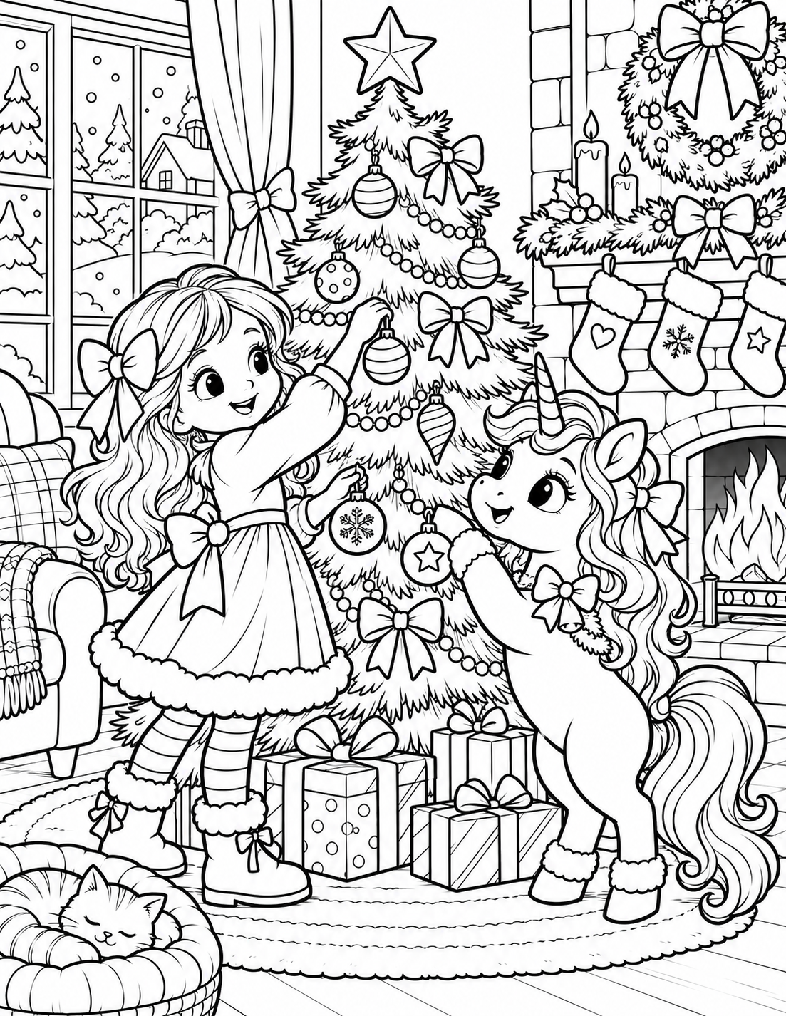 Girl and unicorn decorating a Christmas tree coloring page