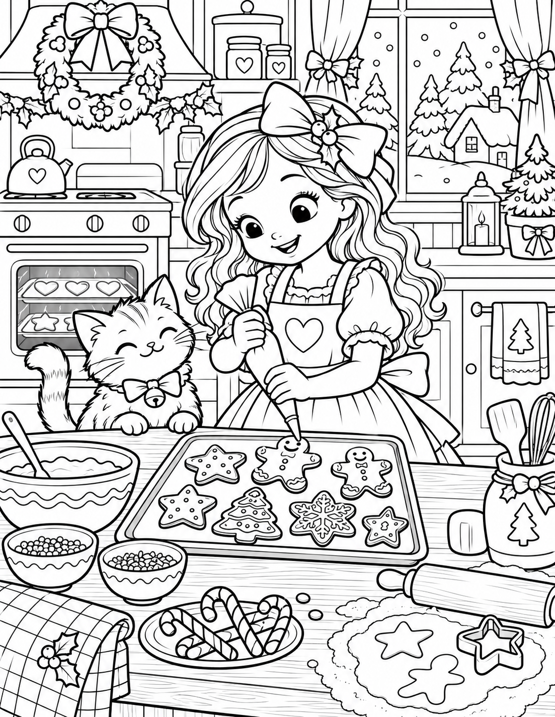 Girl and kitten decorating gingerbread cookies coloring page