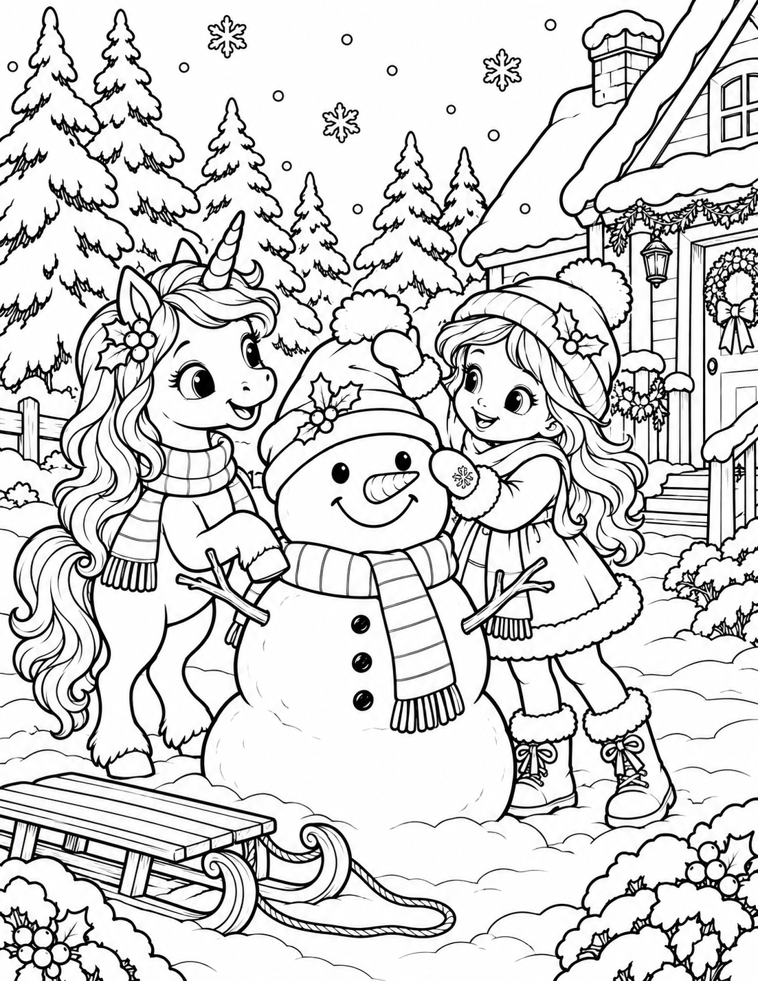 Girl and unicorn building a snowman coloring page