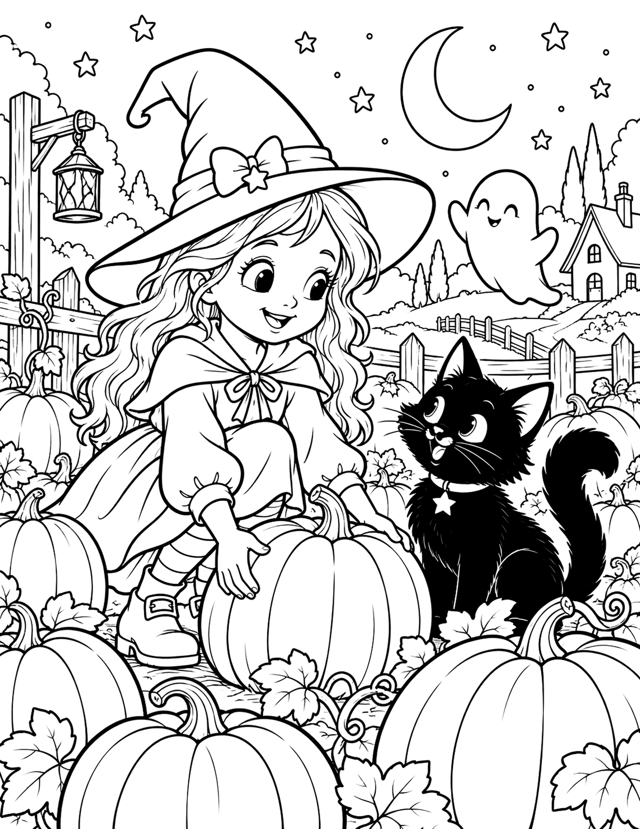 Friendly Halloween witch, black cat, pumpkins and ghost coloring page