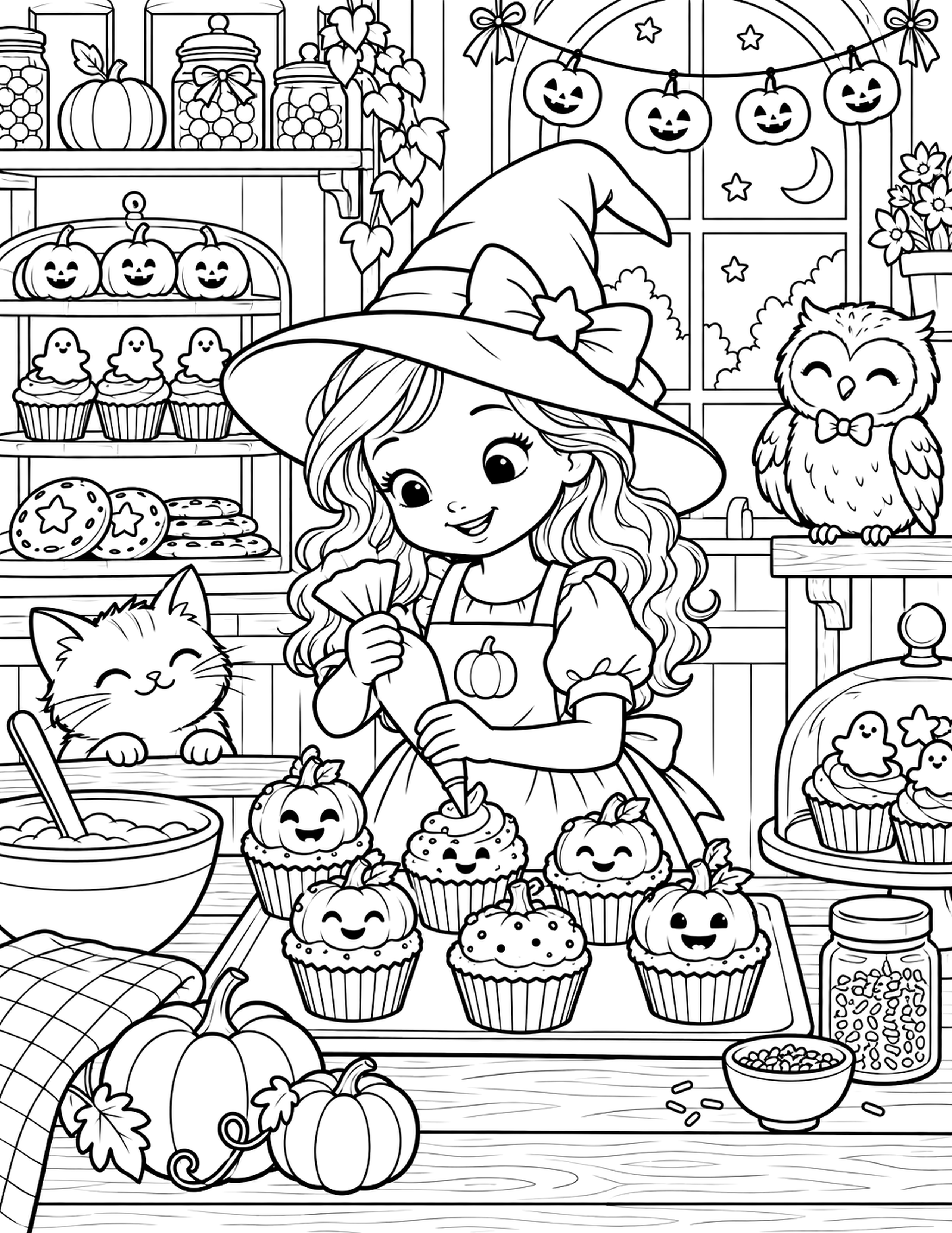 Free cute witch and Halloween cupcake coloring page for kids