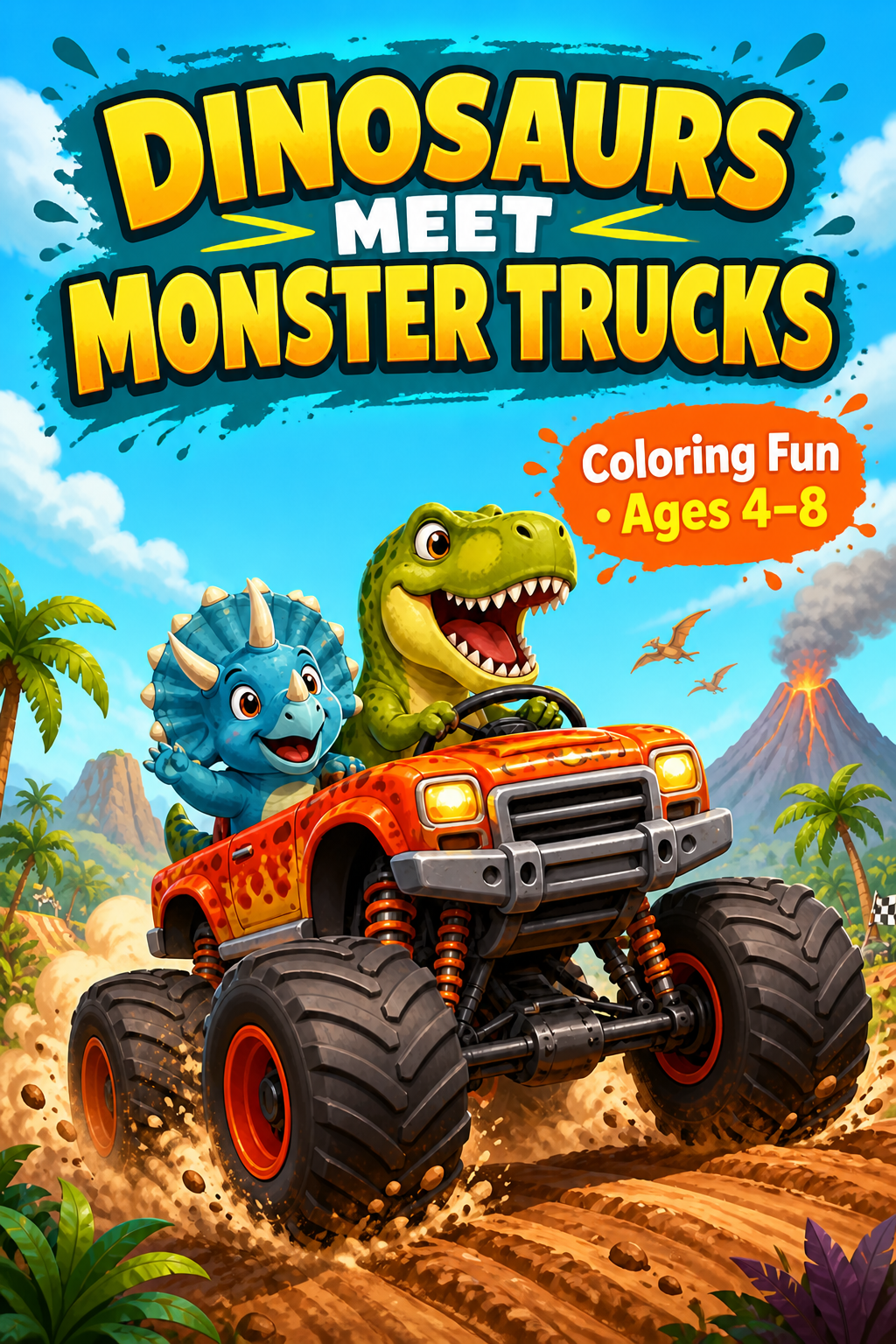 Dinosaur and monster truck coloring page preview