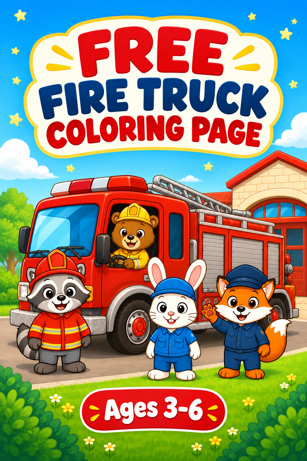Friendly fire truck coloring page preview for kids