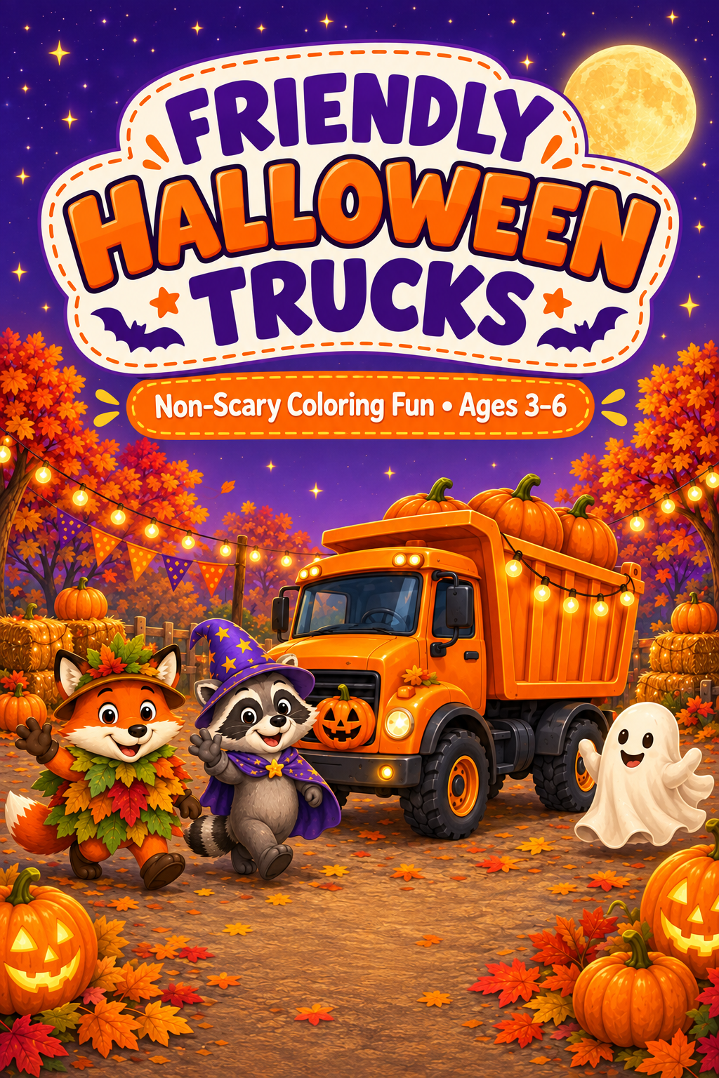 Friendly Halloween truck coloring page preview