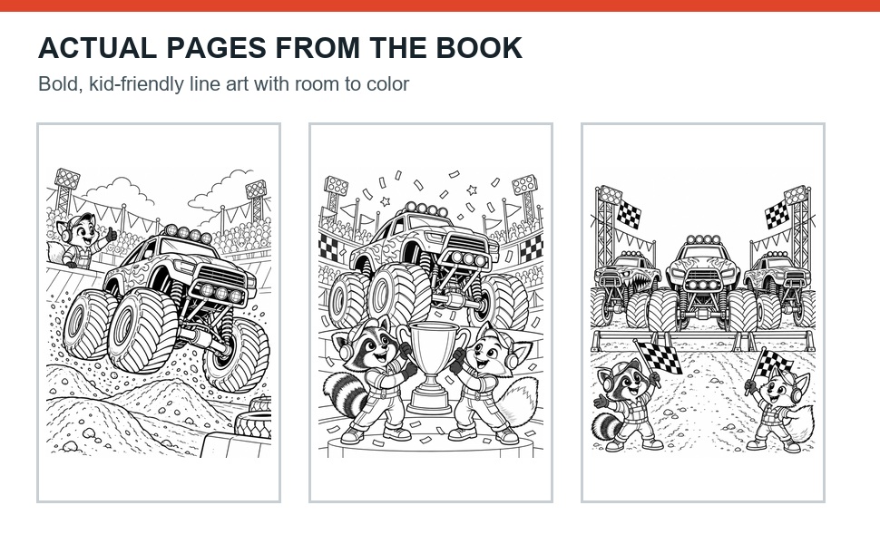 Actual monster truck coloring pages showing large tires, ramps, mud, and arenas