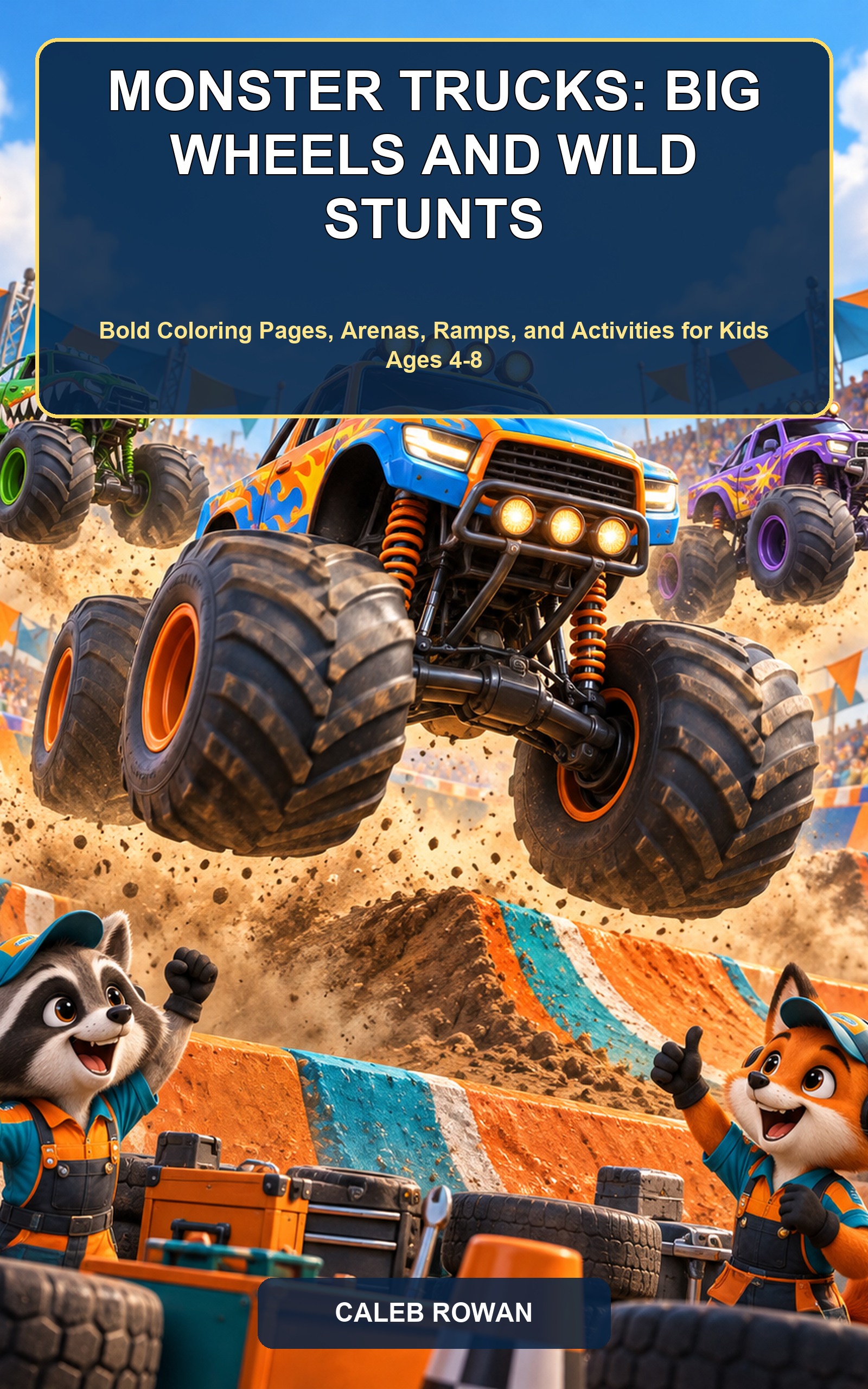 Monster Trucks Big Wheels and Wild Stunts coloring book cover