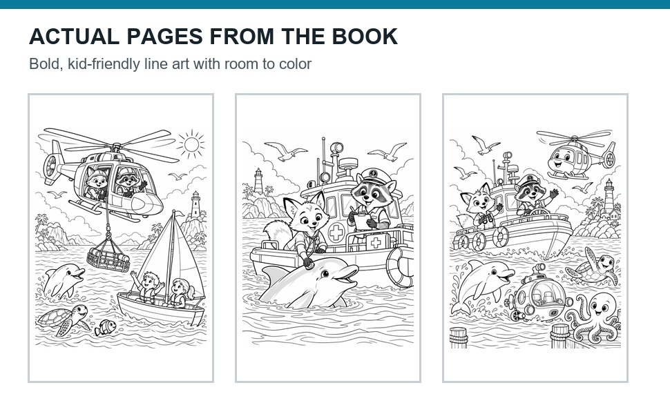 Three actual ocean rescue vehicle coloring pages from inside the book