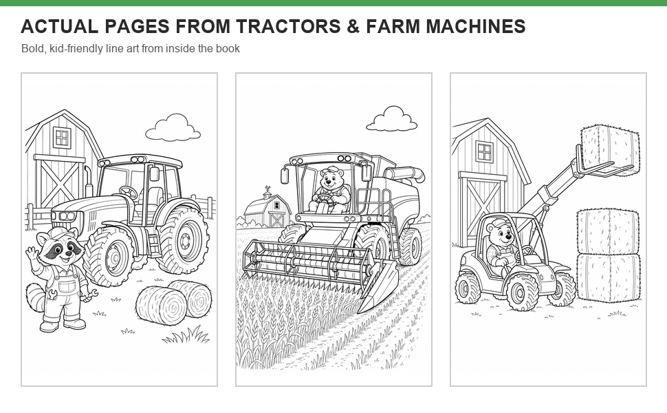 Three actual tractor and farm machine coloring pages from inside the book