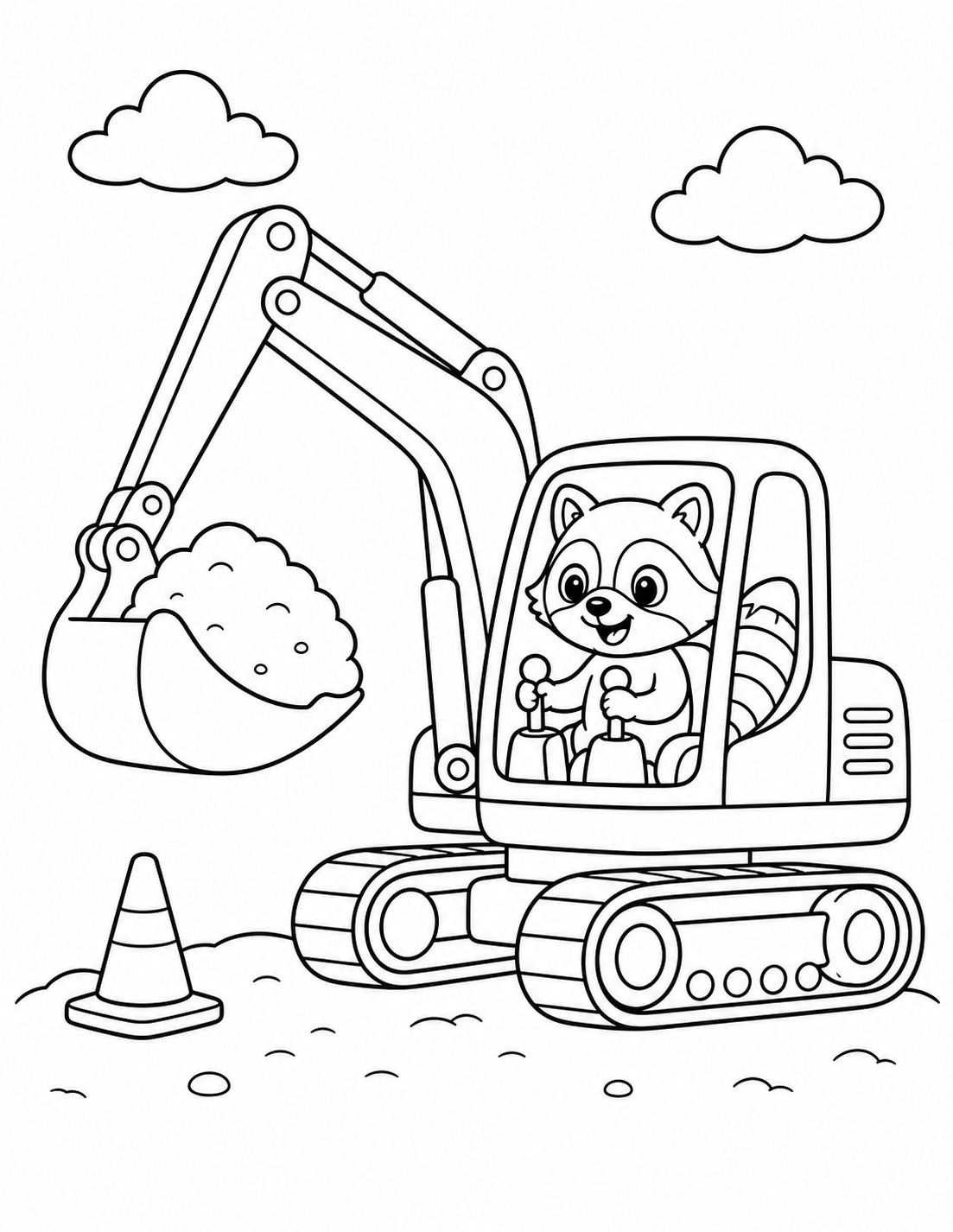 Free raccoon and excavator construction coloring page