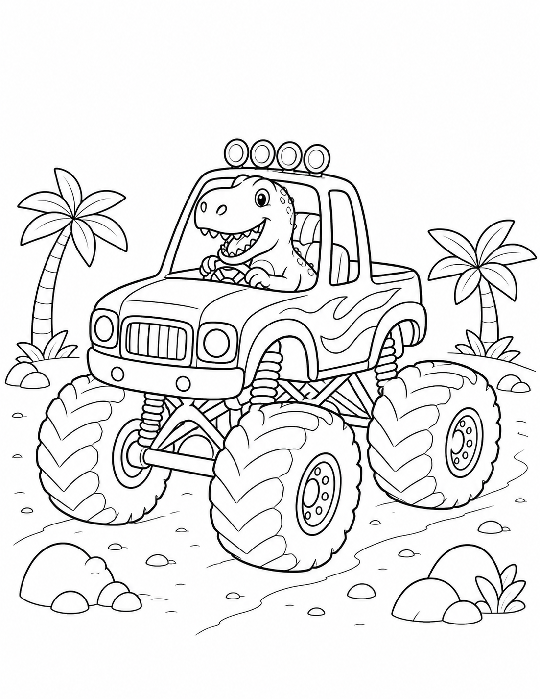 Free T. rex and monster truck coloring page