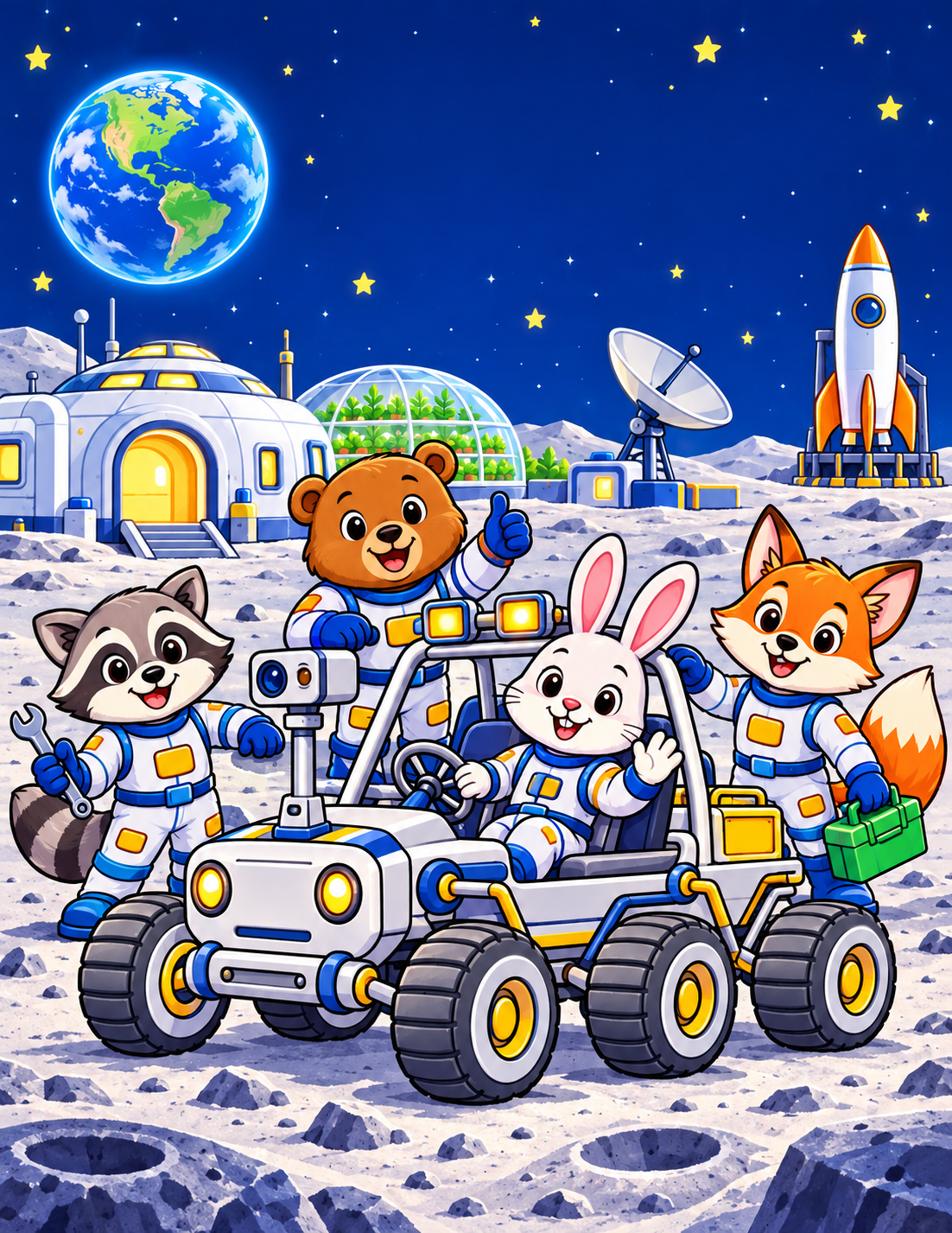 Space Machines rockets rovers and moon vehicles coloring book cover
