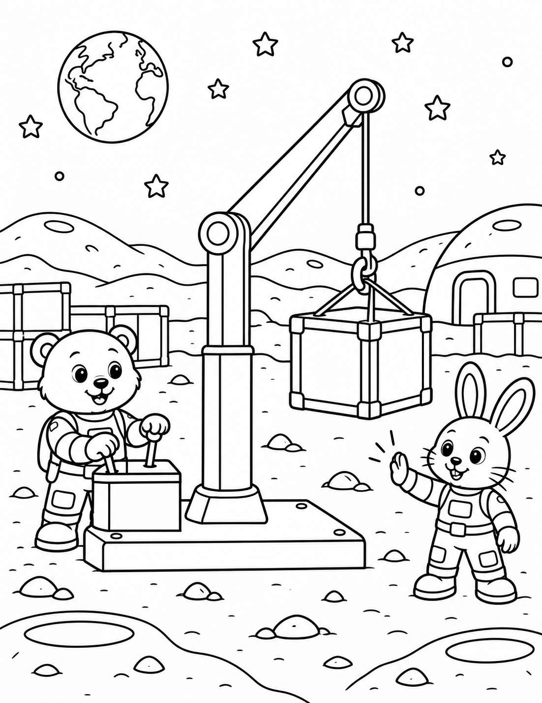 Bear and rabbit using a Moon crane coloring page