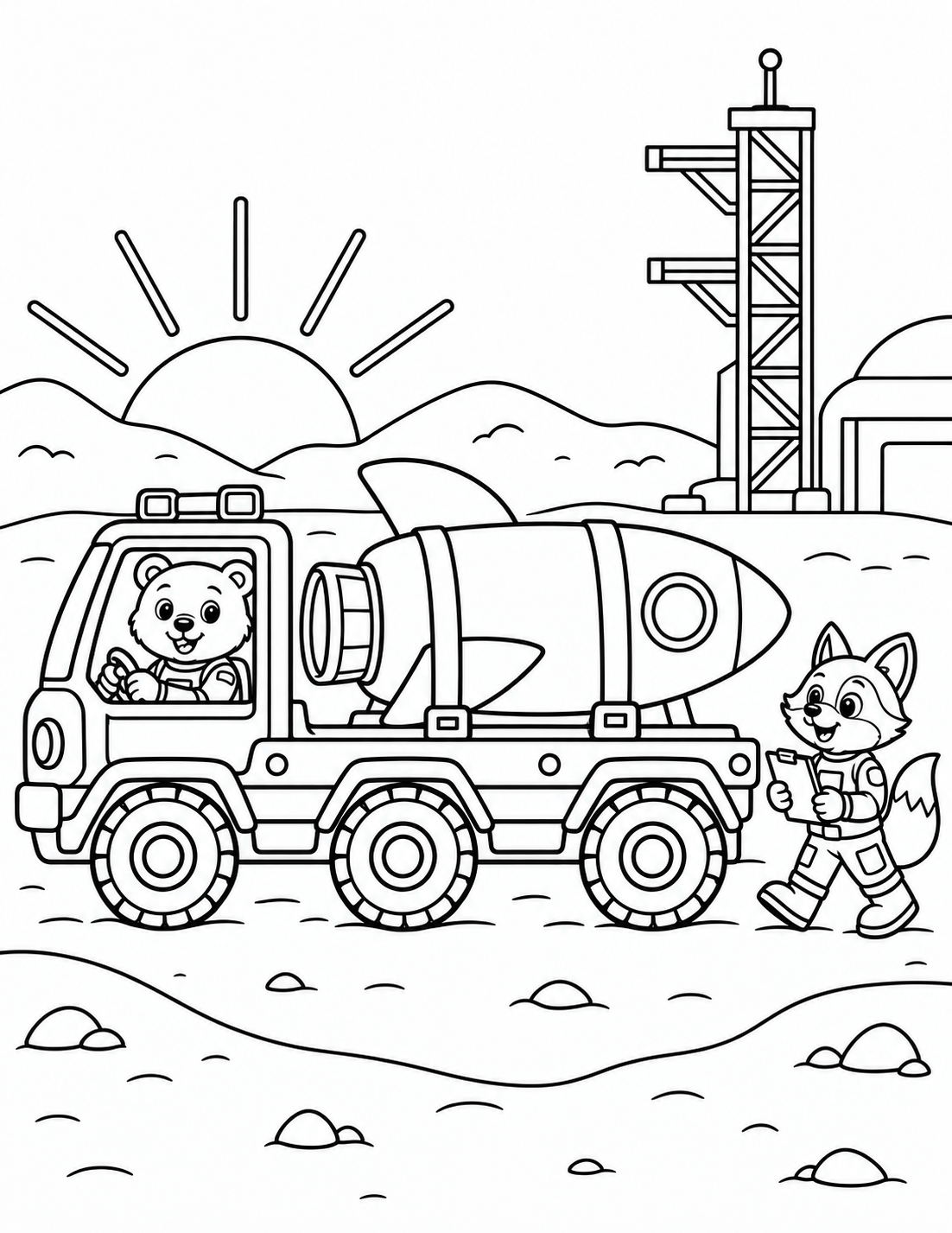 Bear and fox driving a rocket transporter coloring page