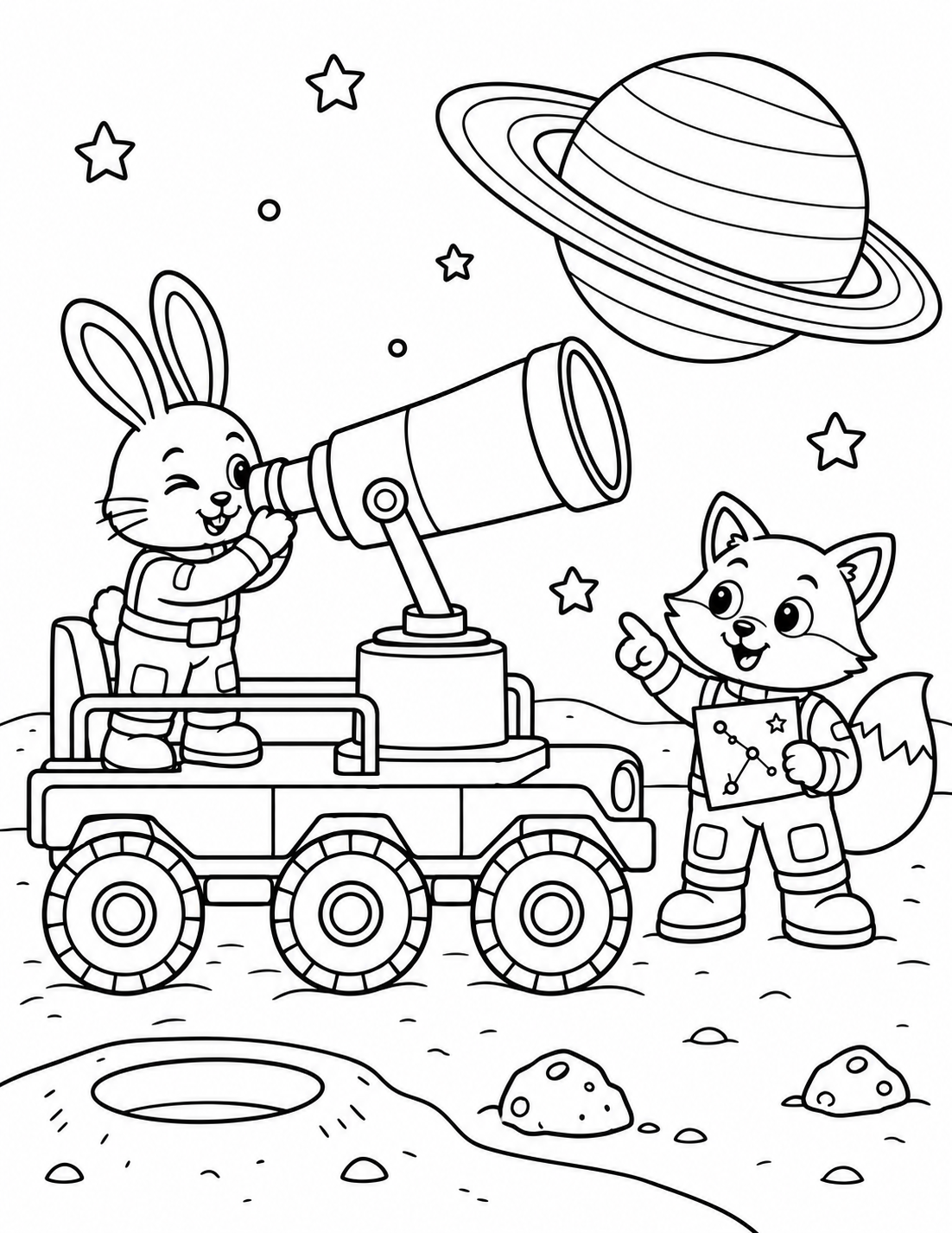 Rabbit and fox operating a Moon telescope vehicle coloring page