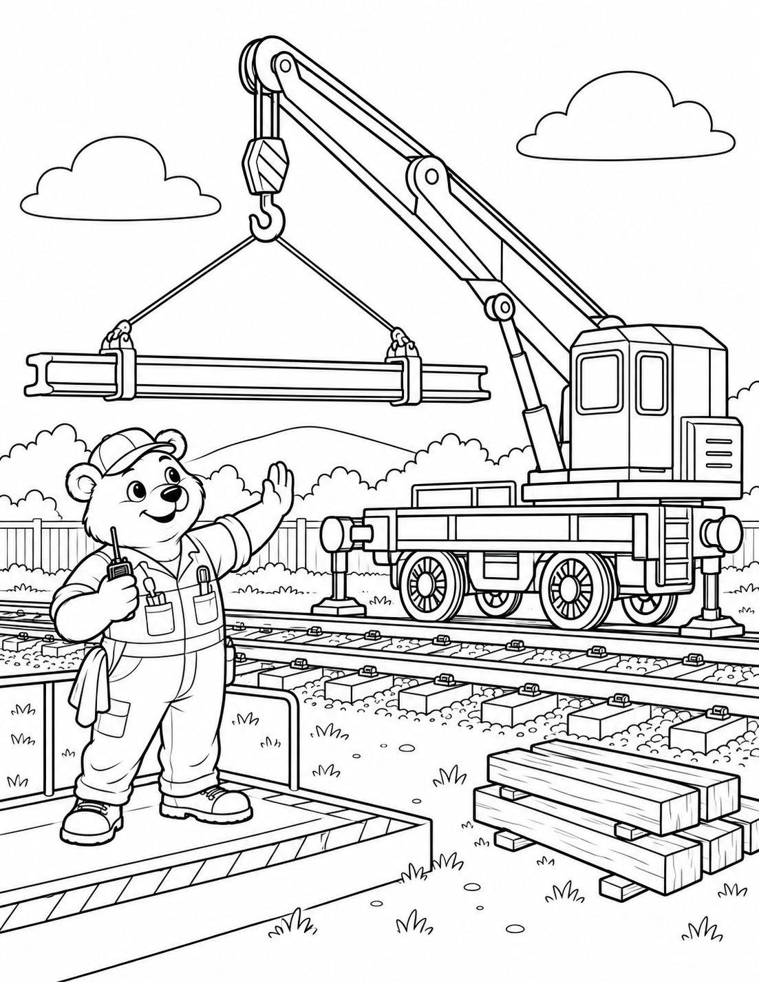 Railway crane wagon coloring page for kids