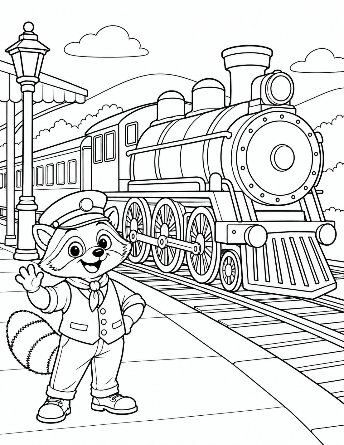 Raccoon engineer driving a passenger train coloring page