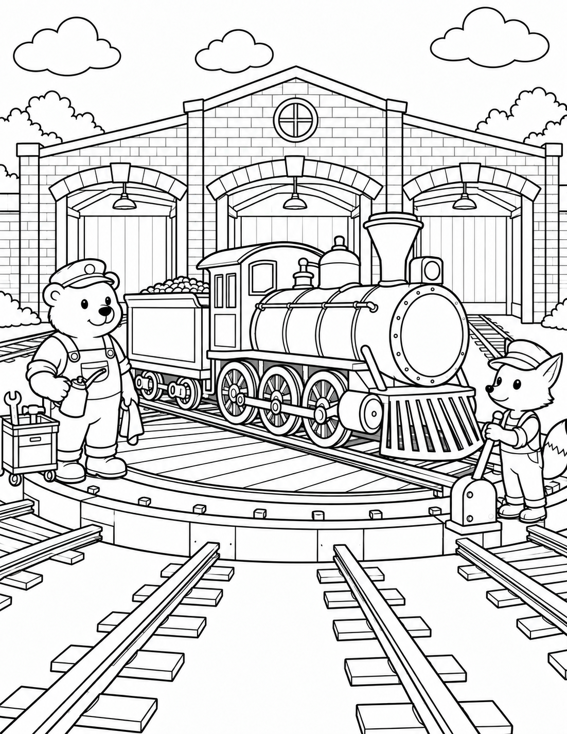 Train engine inside a roundhouse coloring page