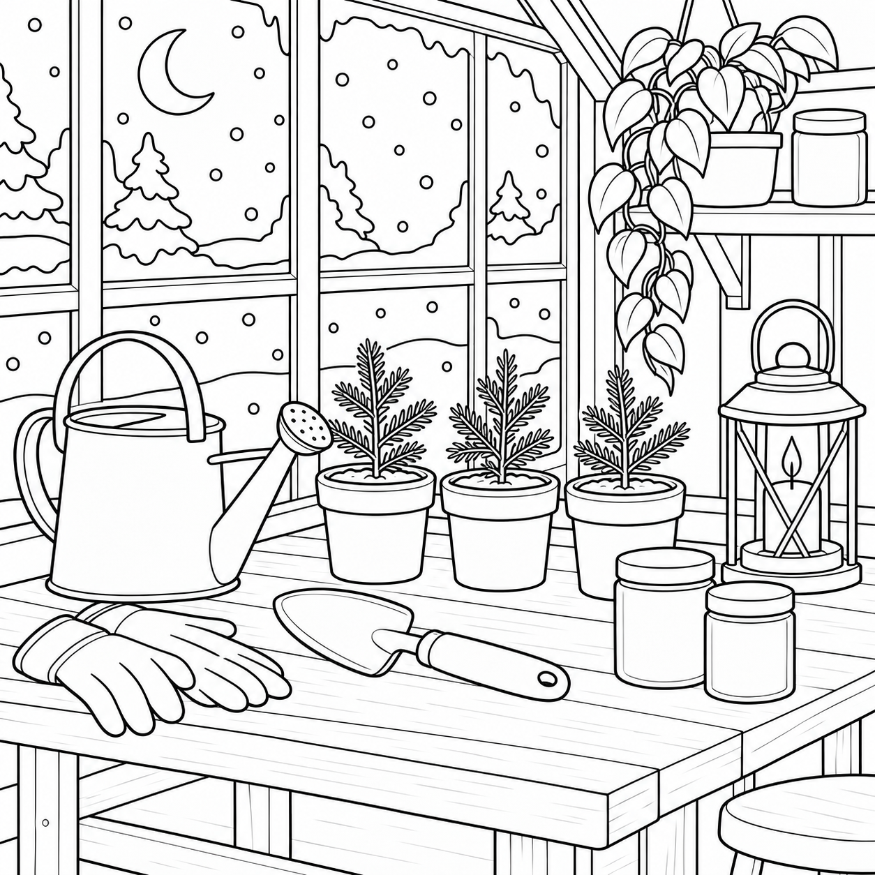 Snowy greenhouse potting bench winter adult coloring page