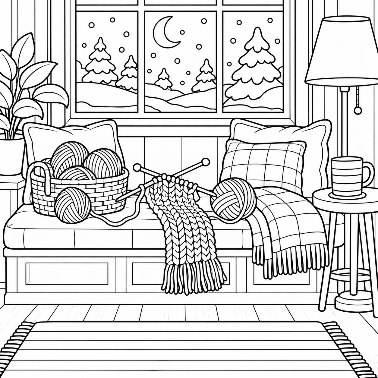 Cozy knitting window seat winter coloring page