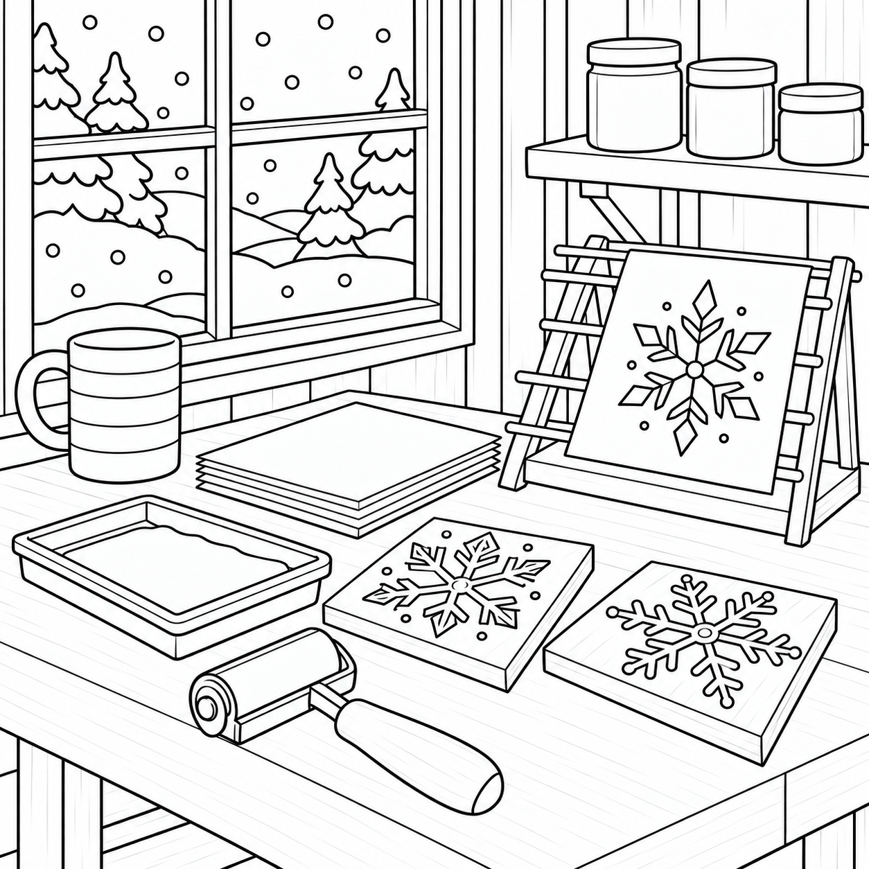 Winter printmaking workshop adult coloring page